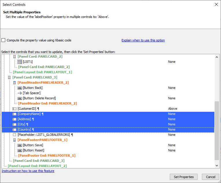 Selecting the other text box controls in the Detail View so
their Label Position can be set to Above.